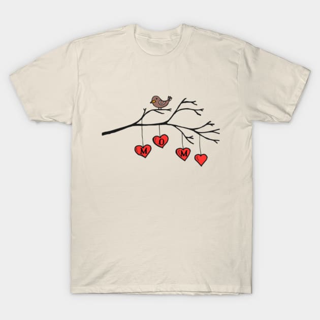 Love Mom Bird on Branch T-Shirt by blueavocado